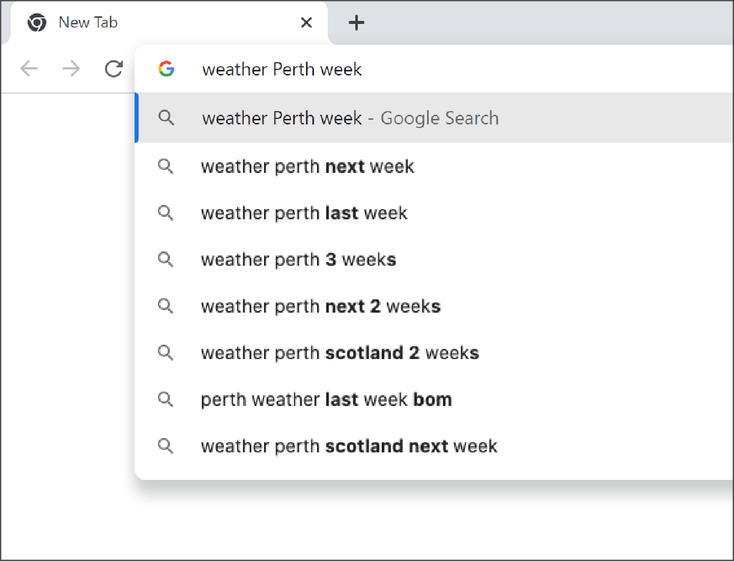 قائمة اقتراحات تظهر عندما نبدأ في الكتابة في البحث عن "الطقس بيرث أسبوع" (weather Perth week). 